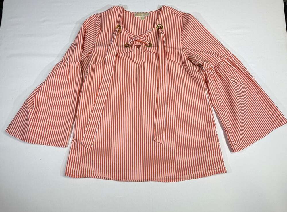 Michael Kors Orange White Striped Lace-Up Bell Sleeve Top